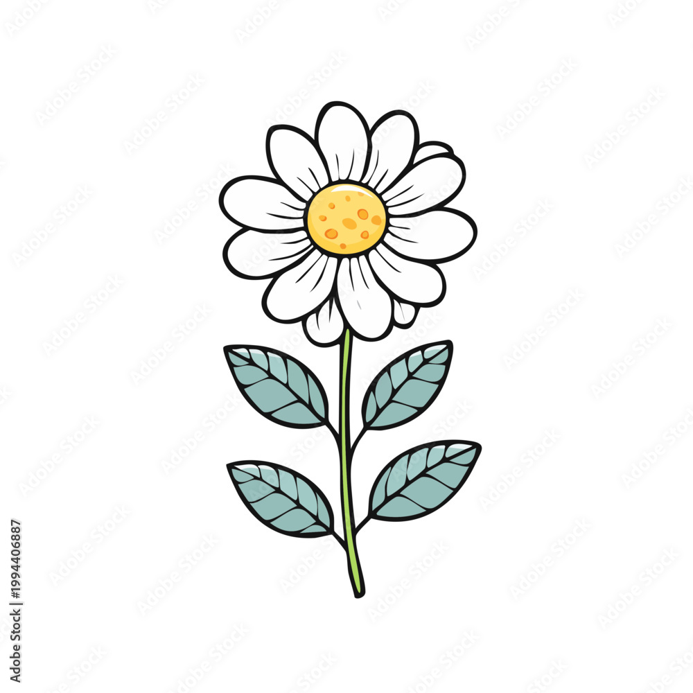 Fototapeta premium Whimsical Daisy Flower Illustration with Green Leaves on White Background