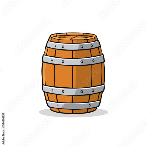Wooden Barrel With Metal Bands Standing Upright Isolated Illustration