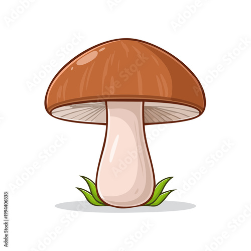 Simple cartoon illustration of a brown mushroom with a white stem growing in green grass
