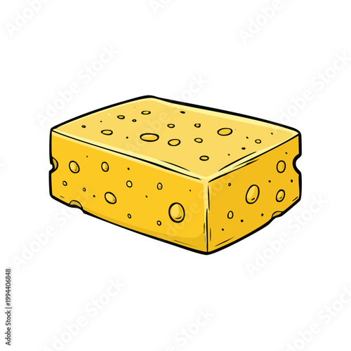 Hand drawn cartoon of a yellow cheese block with holes isolated on white