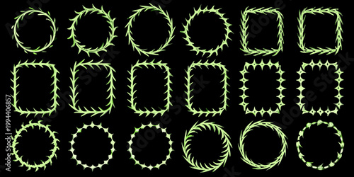 Collection of vibrant green thorn covered frames and decorative elements