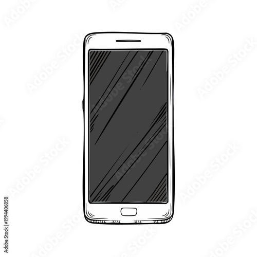 Hand drawn sketch of a modern smartphone with blank screen on white background