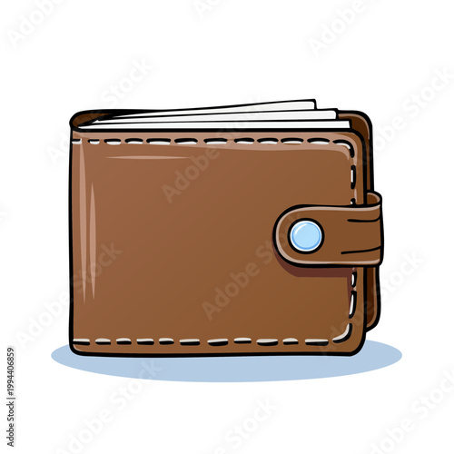 Open brown leather wallet with money peeking out secured by a snap closure