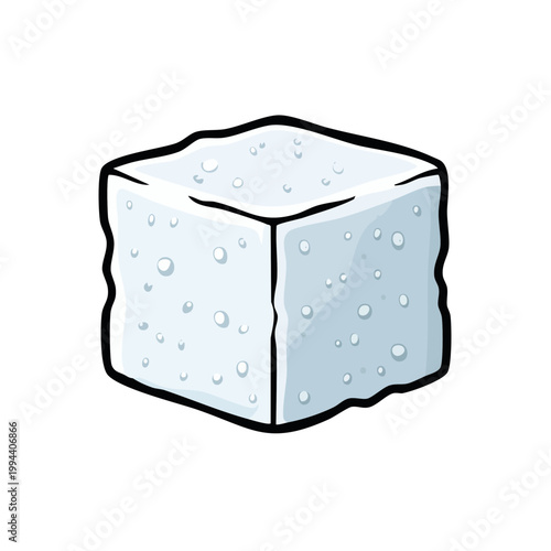 White cartoon sugar cube with textured surface and small bubbles isolated on white background