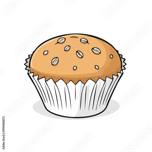 Hand drawn illustration of a simple muffin with oats in a paper liner