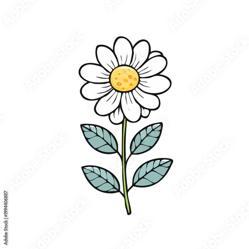 Whimsical Daisy Flower Illustration with Green Leaves on White Background