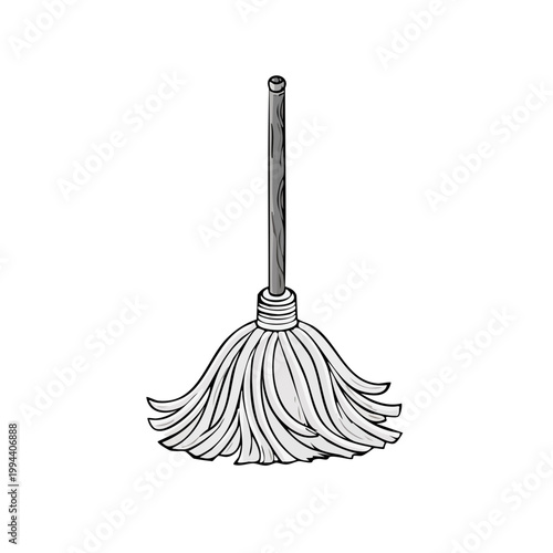 Simple sketch of a string mop with a wooden handle cleaning tool