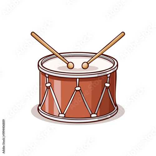 Illustration of a red toy drum with two drumsticks on a white background