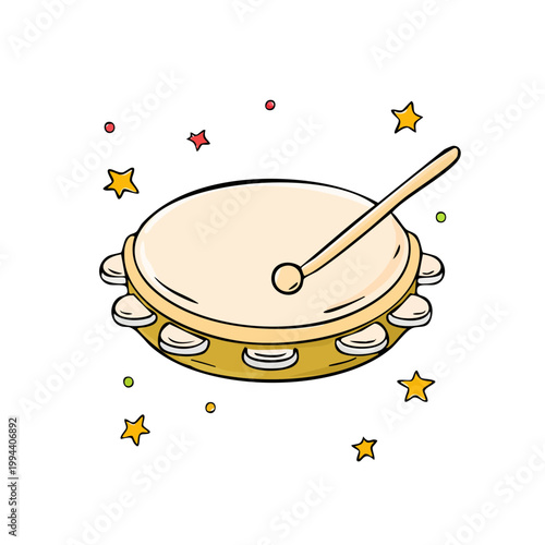 Cartoon Tambourine With Stick Surrounded by Stars and Confetti for Festive Celebration