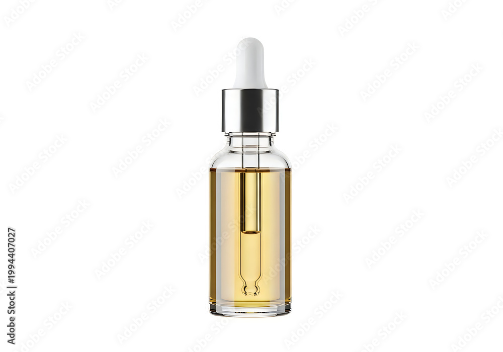 Naklejka premium Clear glass dropper bottle filled with golden liquid against white background