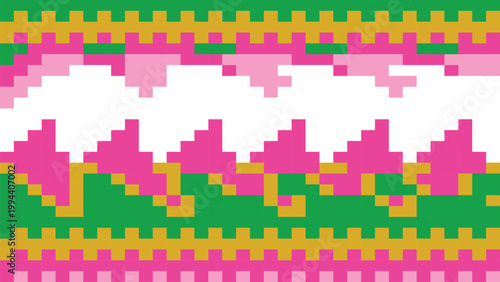 Geometric Folk Pattern: A vibrant, pixelated pattern bursts with life, its dynamic design echoing the spirit of cultural heritage. Featuring a rhythmic interplay of color and form.