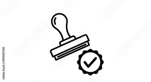 Minimalist vector graphic illustration of a handheld rubber office stamp featuring a circular icon with a checkmark symbol used for validating documents and business authorization processes