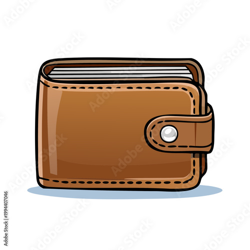 Cartoon brown leather wallet with snap closure and stitched edges against a white background