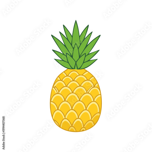 Cartoon Pineapple With Green Leaves and Yellow Scaly Skin