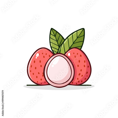 Fresh Lychee Fruit Illustration with Leaves and a Cut Half Showing Juicy Interior