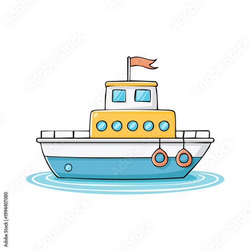 Simple Cartoon Boat with Flag and Fenders Floating on Water