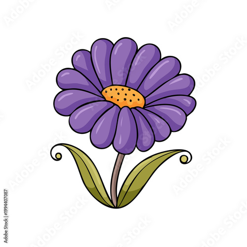 Whimsical Purple Flower with Swirling Green Leaves and Yellow Center