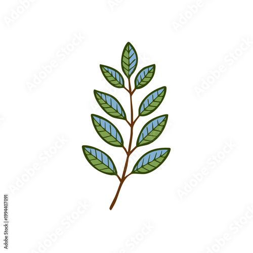 Hand Drawn Green Leafy Branch with Blue Accents Simple Botanical Illustration