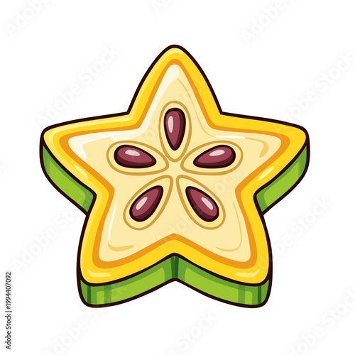 Freshly Sliced Starfruit Illustration with Visible Seeds and Juicy Interior