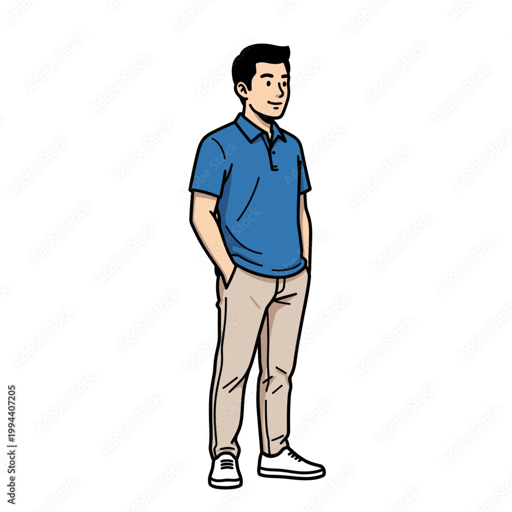 Fototapeta premium Man in blue polo shirt and beige pants standing with hands in pockets.