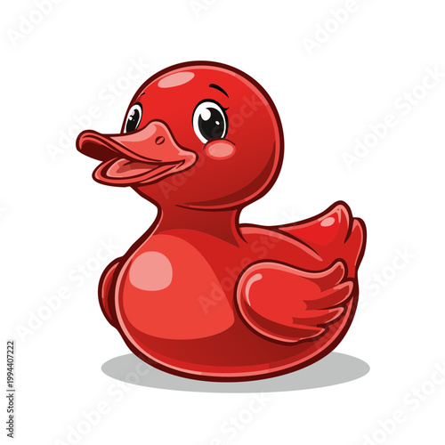 Cute cartoon red rubber duck toy with big eyes and smiling beak illustration