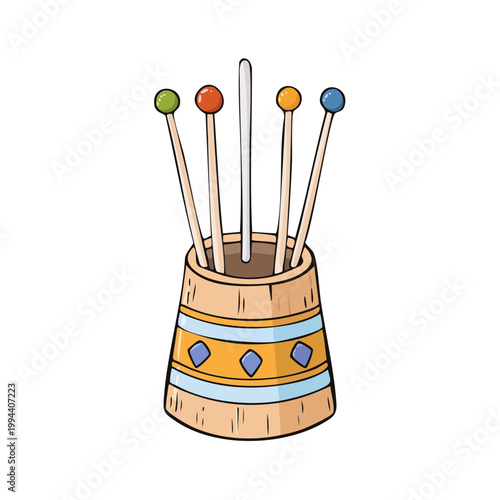 Cartoon illustration of colorful decorative cocktail picks in a wooden holder