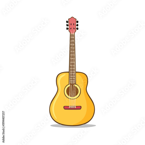 Acoustic guitar with six strings and wooden body in warm yellow and red tones