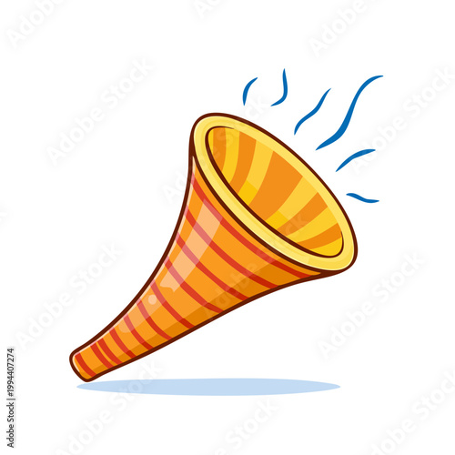 Illustration of an orange vuvuzela horn making a loud sound with blue wavy lines emanating from the bell