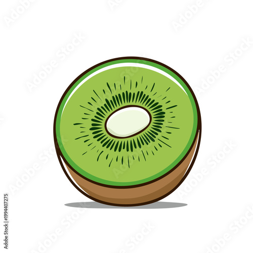 Vibrant cartoon illustration of a sliced kiwi fruit with green flesh and black seeds