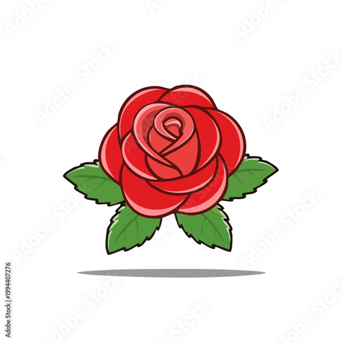 Vibrant Red Rose Illustration with Green Leaves and Subtle Shadow Detail