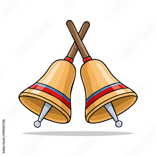 Two Handheld Festive Bells Crossed and Isolated on White, Celebrating Joyful Sounds and Merriment