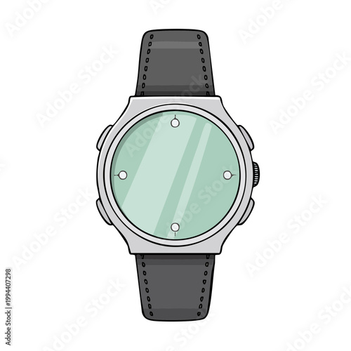 Modern digital watch with a light blue face and a black leather strap