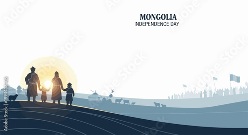 Mongolia Independence Day celebration with nomadic family silhouette at sunset, traditional yurt village and distant parade. digital illustration
