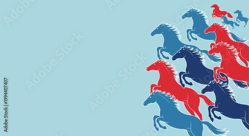 Red and blue horses running forward on light blue background, symbolizing progress and competition. Dynamic herd illustration for motivational concepts.