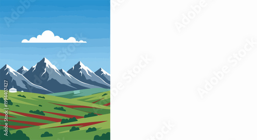 Vast mountain landscape with green fields and a small yurt under blue sky. Scenic nature vista for travel and exploration themes. mountain scenery for outdoor advertising. digital illustration