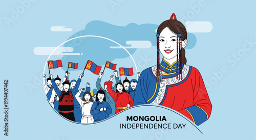 Mongolia Independence Day celebration with traditional attire and national flags waving proudly. People cheering for Mongolia Independence Day, a patriotic scene.