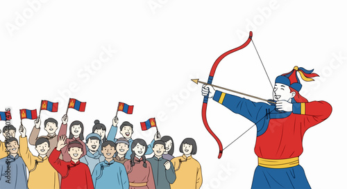 Mongolian archer aims bow and arrow at target with crowd cheering holding national flags. Traditional Mongolian festival celebration with archery competition and audience support.