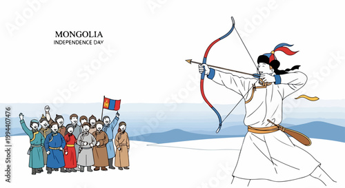 Mongolian Independence Day vector illustration with archer and crowd celebrating national holiday. Traditional costume and flag displayed. Cultural celebration concept for patriotic events.