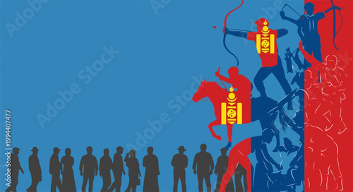 Mongolian national symbols and historical figures in silhouette, representing cultural heritage and national pride. Mongolian heritage depicted with traditional archery and equestrianism,