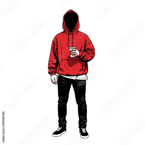 Man in Red Hoodie Holding Coffee Cup Standing Still.