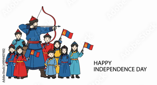 Mongolian family celebrating independence day with traditional clothing and flags, archer aiming bow. National holiday celebration concept for festive greetings and cultural events.