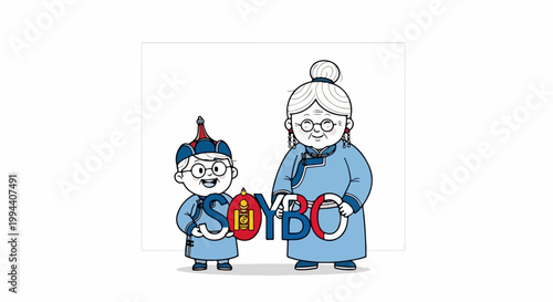 Mongolian characters vector illustration with elderly woman and child holding letters for Soyombo symbol. Traditional cultural concept for educational materials.