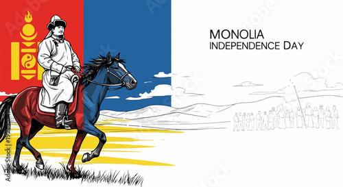 Mongolia Independence Day celebration with horse rider and national flag. Mongolia Independence Day honors historical figures and national pride.