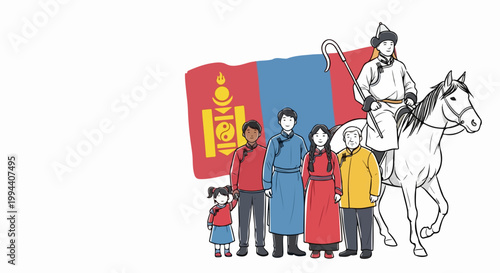 Mongolian people and flag with horse rider, diverse culture and heritage celebration. Mongolian culture and tradition depicted with diverse group and national symbol.
