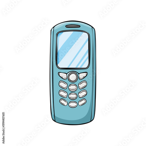 Retro flip phone illustration with a light blue casing and a reflective screen displaying blue tones