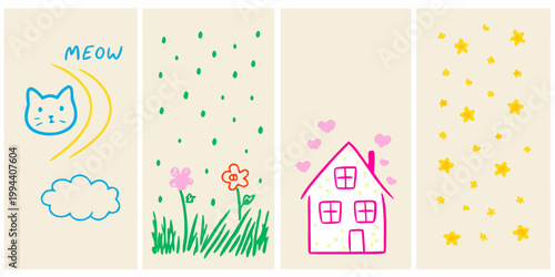 A series of four colorful childlike drawings on a beige background