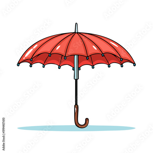 Stylized illustration of an open red umbrella with a curved wooden handle against a white background