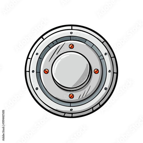 Retro sci-fi round metal control panel with central button and rivets