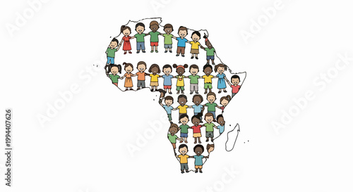 Diverse children holding hands forming continent of Africa vector illustration. Unity and global connection concept for childrens education and cultural diversity.