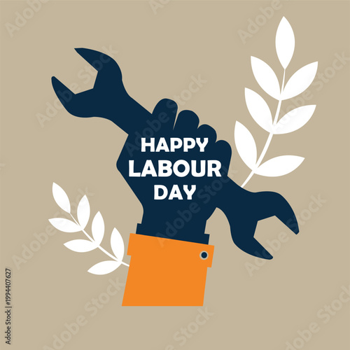 Happy Labour Day illustration with hand holding wrench and laurel leaves, industrial worker concept vector.